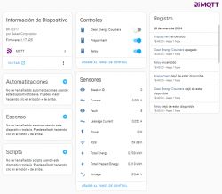 Screenshot of an energy management system control panel with device information, controls, and sensor data.