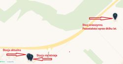 Zrzut mapy z pinezkami i czerwonymi strzałkami oraz opisami o stacjach nieistniejących i nieczynnych