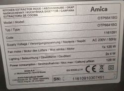 Tabliczka znamionowa okapu Amica OTP6641BG z danymi technicznymi.