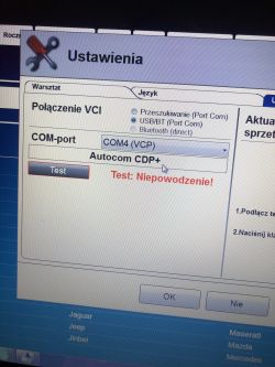 Ekran ustawień programu diagnostycznego z komunikatem o niepowodzeniu testu.