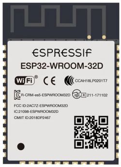 Espressif ESP32-WROOM-32D module with visible model marking and PCB antenna elements.
