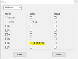 Application window showing SREG settings for Winbond memory chip