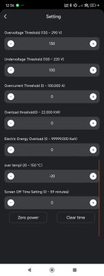Settings screen of an app for managing an electrical device.