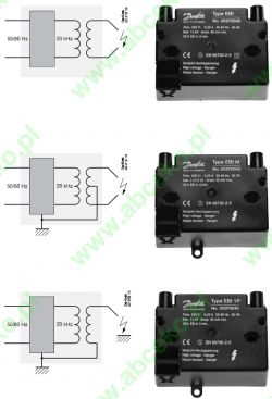 Trzy transformatorowe przetwornice zapłonowe Danfoss z numerami 052F0030, 052F0033 i 052F0040