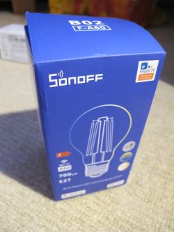 Blue box of Sonoff B02-F-A60 Wi-Fi LED bulb with drawing and technical information on the package.