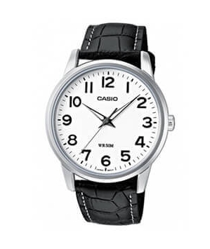 Analog watch with a black and white face and leather strap.