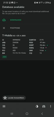 Zrzut ekranu z aplikacji pokazującej dane sygnału sieci T-Mobile 4G LTE-A 2600.