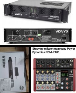 Na obrazku widoczne są: wzmacniacz Vonyx VXA-2000, panel tylny tego wzmacniacza, dwa mikrofony (w pudełku) oraz mikser Power Dynamics PDM-Y401.