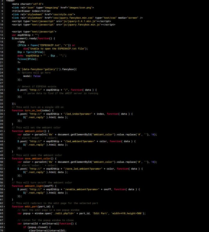 JavaScript and PHP Code for Drawer Project Screenshot of HTML, CSS, and JavaScript code for the workshop drawers project.