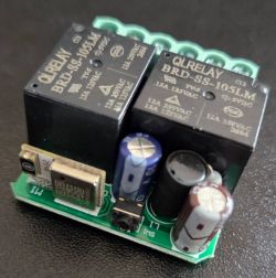 Small PCB with two ORELAY relays and capacitors, plus a green screw terminal block