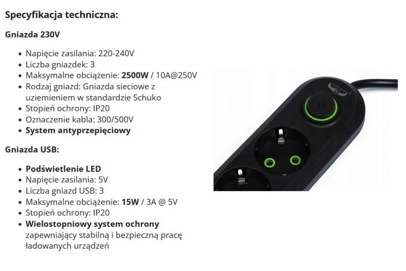 Czarna listwa zasilająca z trzema gniazdami Schuko i trzema portami USB.