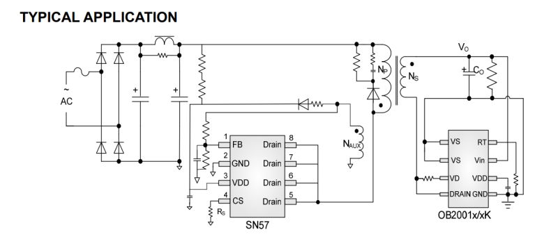 “Typical application” AC-DC power supply schematic with SN57, OB2001x/xK ICs and transformer windings