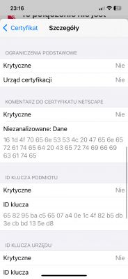 Zrzut ekranu szczegółów certyfikatu na iPhone.