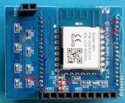 WB3S Module with Pin Markings WB3S module on blue PCB with marked TX, RX, GND, and 3.3V pins
