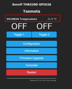 Tasmota Interface on Sonoff THR320D Thermostat Tasmota user interface with DS18B20 temperature on a Sonoff THR320D thermostat