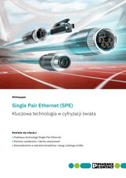 Grafika z trzema przemysłowymi złączami na przewodach i tytułem „Single Pair Ethernet (SPE)”