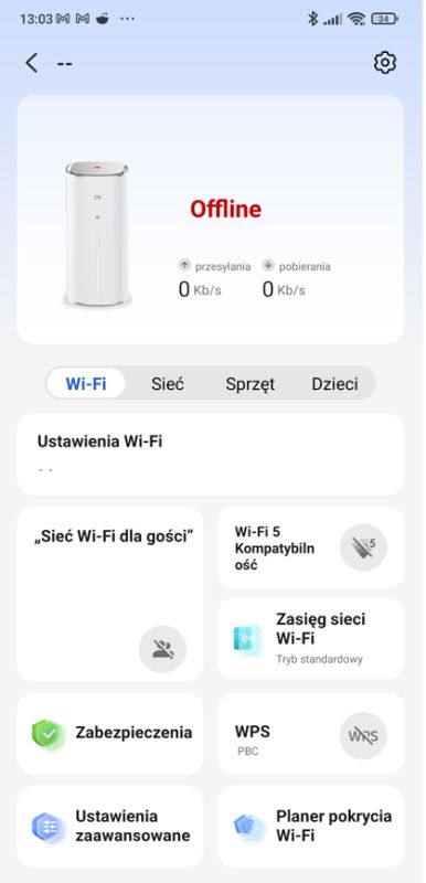 Zrzut ekranu aplikacji routera ZTE z interfejsem w języku polskim