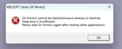 Okno błędu GX Works2 informujące o niewystarczającej pamięci lub obszarze desktop heap