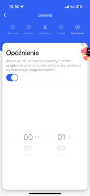 Ekran aplikacji z ustawieniem opóźnienia w wyłączaniu urządzenia.