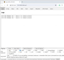 Screenshot of the OpenW600 web interface with the logs tab open.