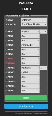 Interfejs konfiguracji Tasmota dla modułu EARU-63A