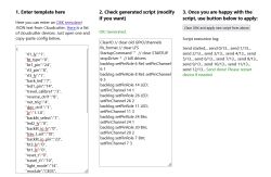 Screenshot of Cloudcutter config interface with JSON template input and generated OBK script.