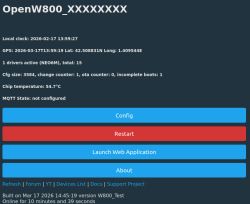 Screenshot of OpenW800 web interface showing time, GPS data, and buttons: Config, Restart, Launch Web Application, About