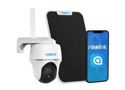 Kamera Reolink GO PT 4G LTE z panelem słonecznym i smartfonem.