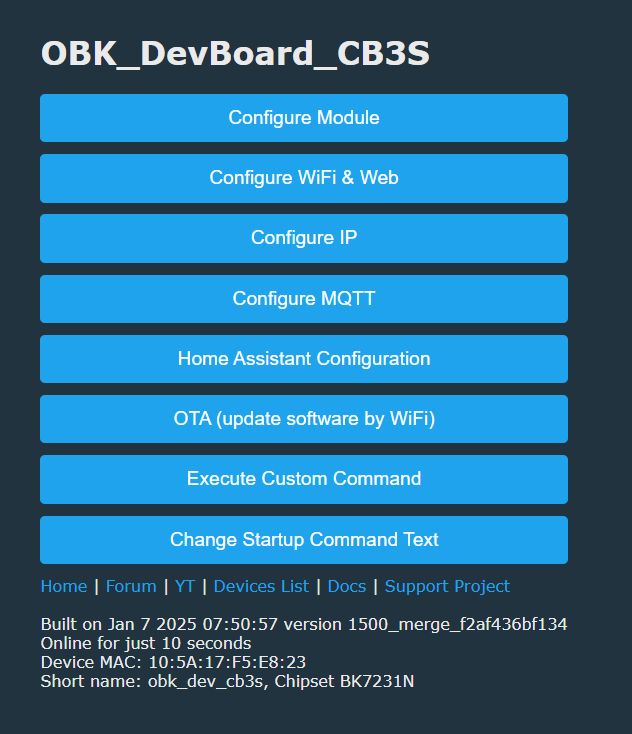 OBK_DevBoard_CB3S Interface OBK_DevBoard_CB3S user interface with configuration menu.