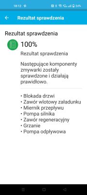 Zrzut ekranu z wynikami sprawdzenia zmywarki Candy, wszystkie komponenty działają prawidłowo.