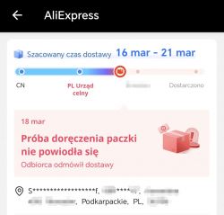 Zrzut ekranu z aplikacji AliExpress z informacją o nieudanej próbie doręczenia przesyłki.