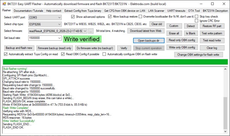Screenshot of BK7231 Easy UART Flasher showing “Write verified” and a flashing operation log.