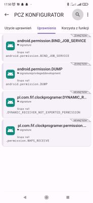 Ekran aplikacji PCZ KONFIGURATOR pokazuje listę przyznanych uprawnień Android.