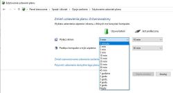 Menu ustawień zasilania z rozwijanym wyborem czasu wyłączenia ekranu