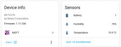 Device info panel for Beken BK7231N and sensor status: battery, humidity, and temperature.