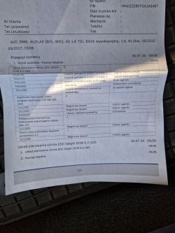 Zdjęcie raportu diagnostycznego Audi A3 8V 1.6 TDI z listą błędów.