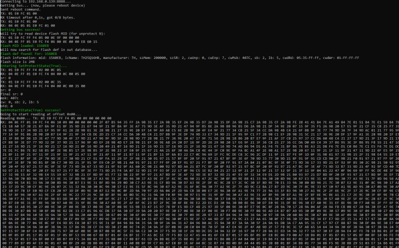 BK7231N flash memory read via UART-TCP over Wi-Fi Console screenshot showing flash memory read from BK7231N device over Wi-Fi