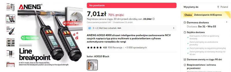 Zrzut ekranu z reklamy miernika ANENG A3010 na AliExpress