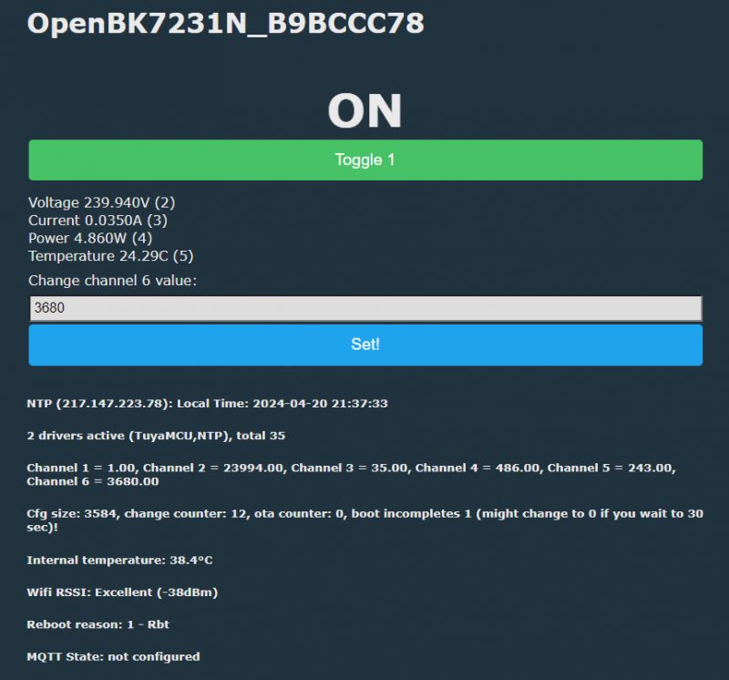 OpenBK7231N User Interface with Active Toggle Switch OpenBK7231N interface with toggle switch on.