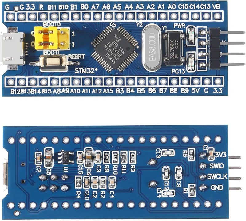 STM32F103C8T6 Blue Pill Development Board – Top and Bottom Views STM32F103C8T6 blue pill development board with microcontroller, pin headers, and micro USB port, shown from top and bottom views.