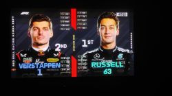 Zbliżenie na ekran telewizora z grafiką F1 pokazującą Verstappena i Russella