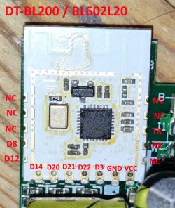 DT-BL200 Module with Labeled Pins Close-up of DT-BL200 module with labeled pins and chip area.