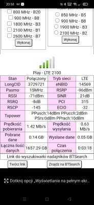 Zrzut ekranu aplikacji pokazującej parametry sieci LTE 2100 MHz operatora Play