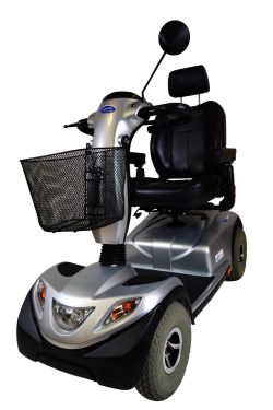 Elektrischer Mobilitätsscooter mit einem vorderen Korb.