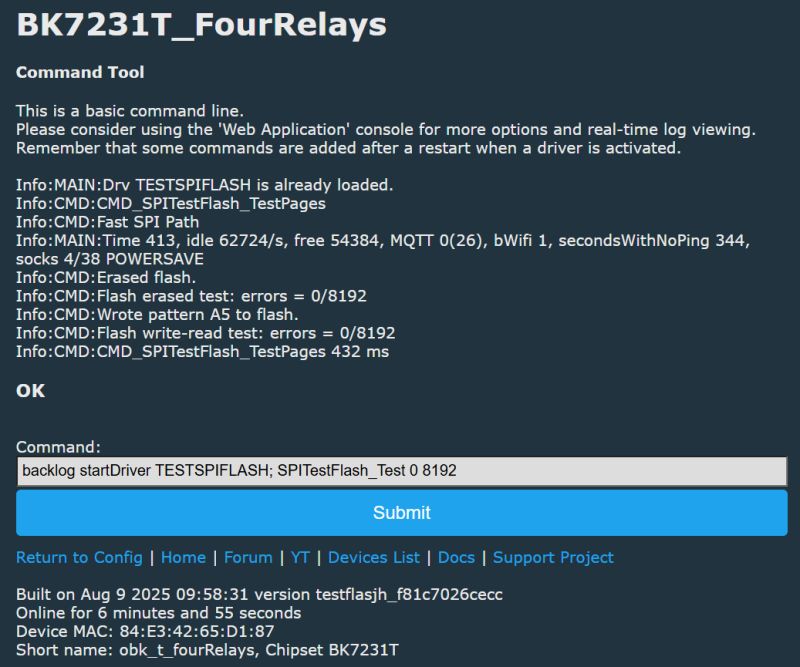 Wynik testu SPI Flash pokazujący czas 432 ms dla operacji na 8192 bajtach