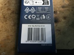 Bottom part of the Gembird TSL-PS-F4U-01-W power strip packaging with barcode, model number, recycling symbols, and certifications.