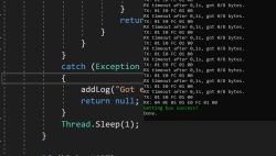Code in editor and log window with RX/TX messages and “Getting bus success!” message