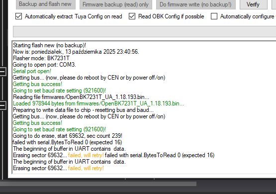 Flashing tool UI with UART errors and flash process log failing at sector 69362