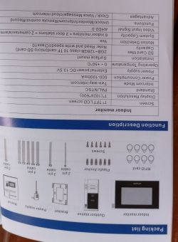 Zdjęcie instrukcji wideodomofonu TEMZON MZ-IP-V728TW-VDP-NE160, przedstawiające tabelę parametrów technicznych oraz listę elementów zestawu.