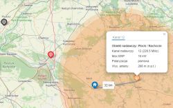 Mapa z zasięgiem sygnału kanału 12 z Płocka/Rachocina.